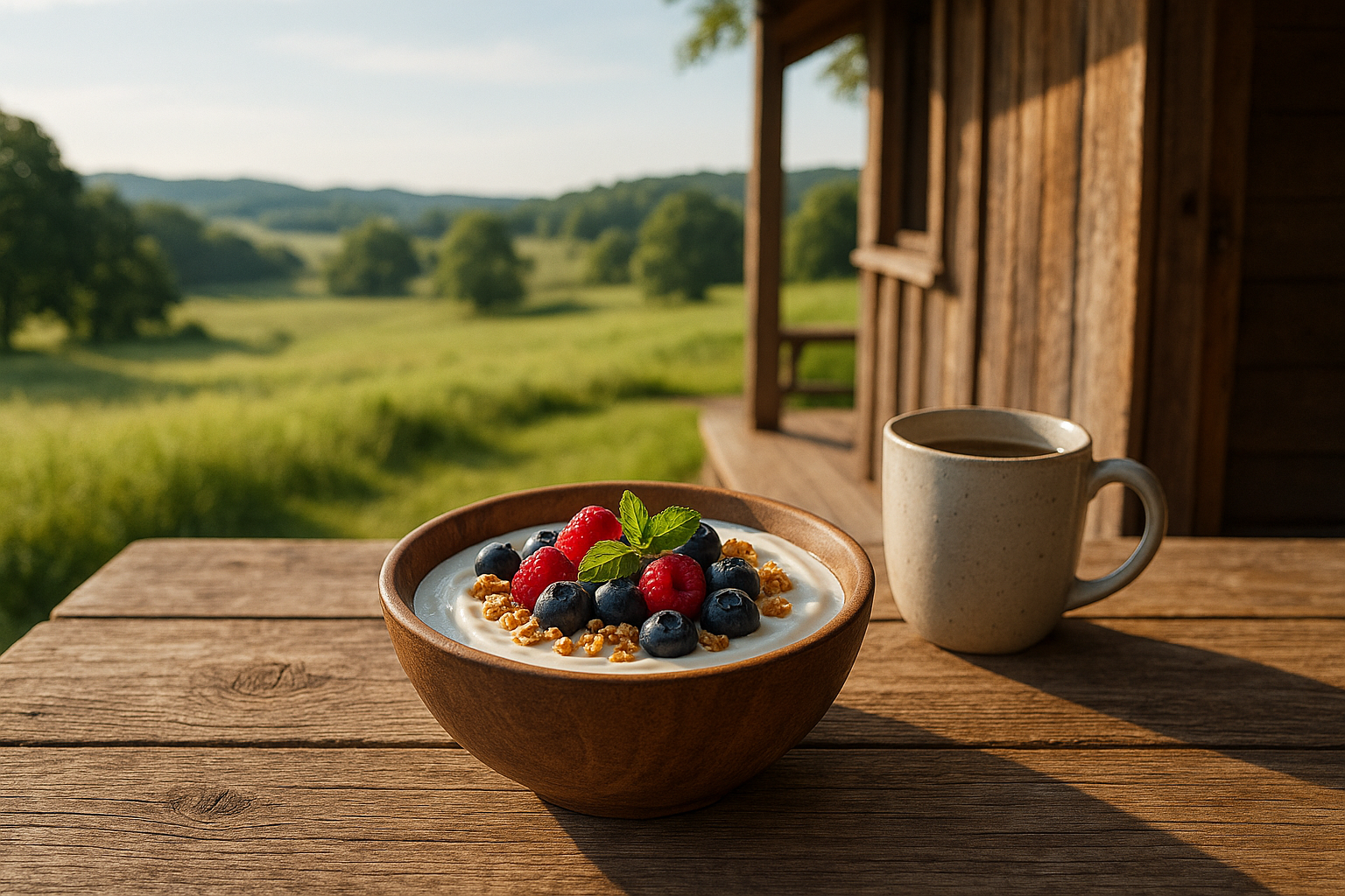 Yogurt on table outside cabin with field