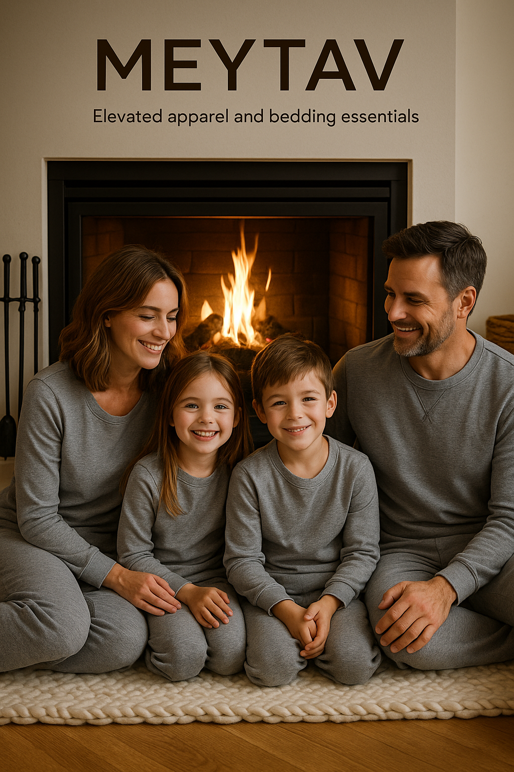 Family in pajamas by fireplace
